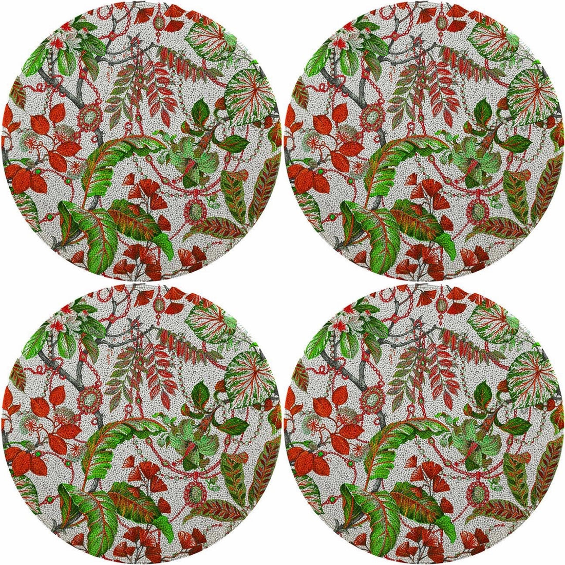 Plumeria Red Greenl 16 Round Smooth Beaded Placemat - Set of 4