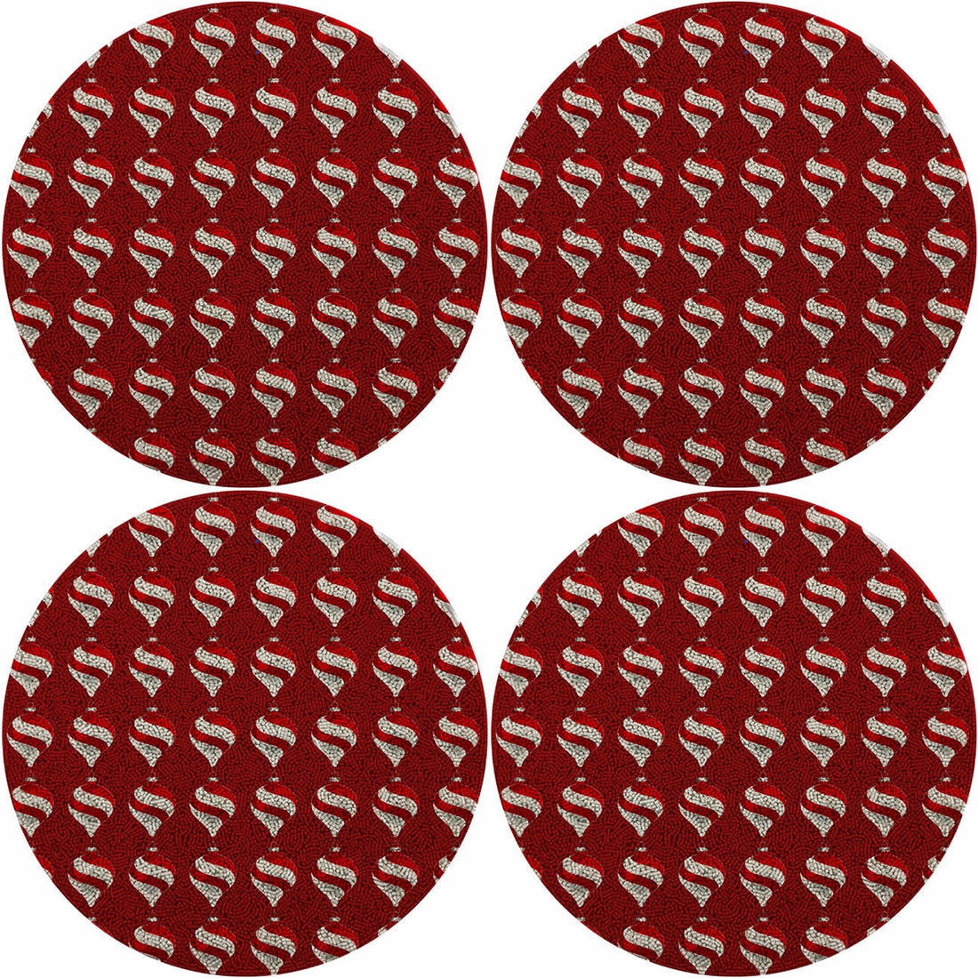 Xmas Ornament Red16 Round Beaded Smooth - Set of 4