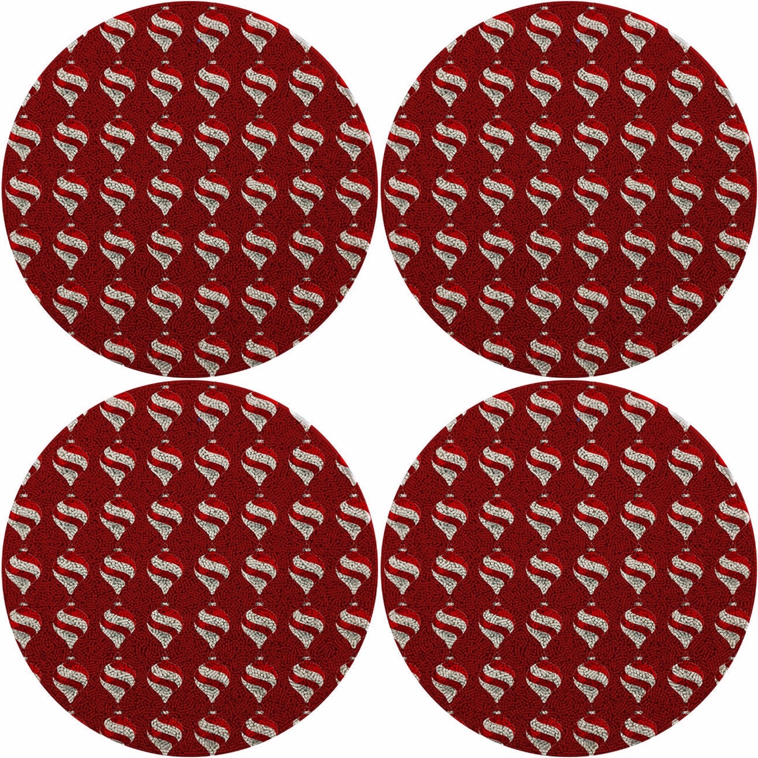 Xmas Ornament Red16 Round Beaded Smooth - Set of 4