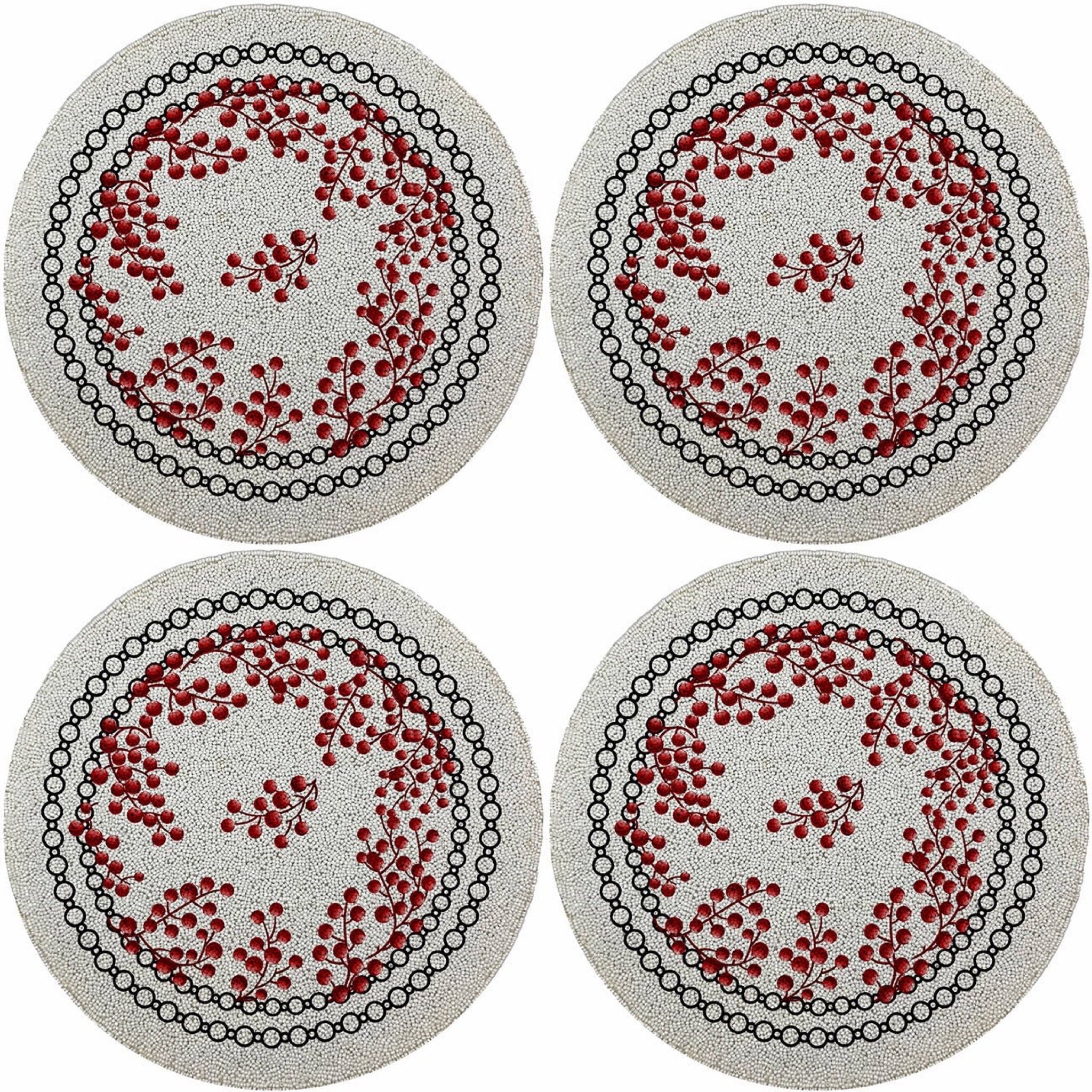 Christmas Berries Red White 16 Round Beaded Smooth - Set of 4