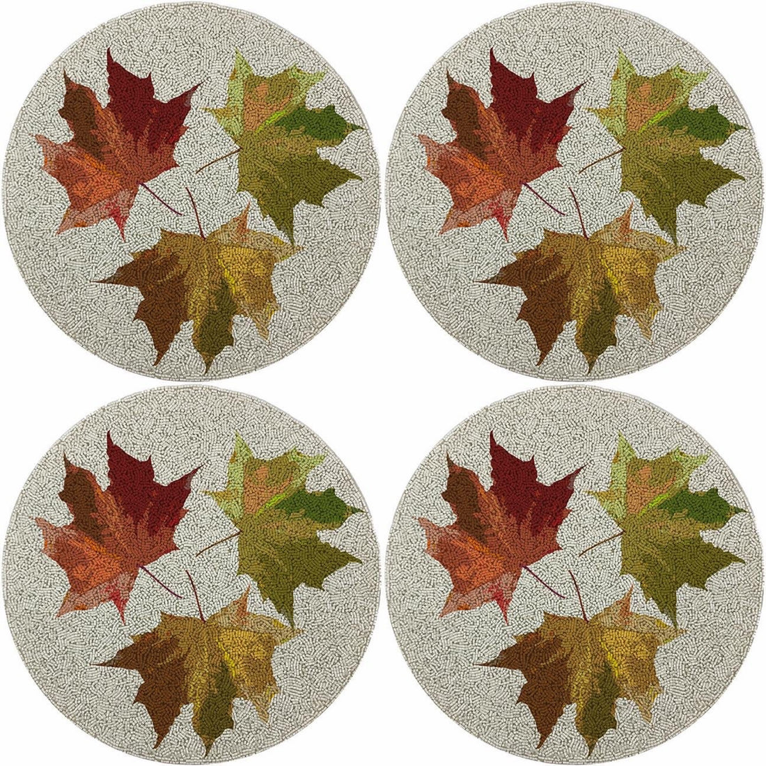 Autumn Leaves White Round Beaded Rough Cut Placemat Set of 4