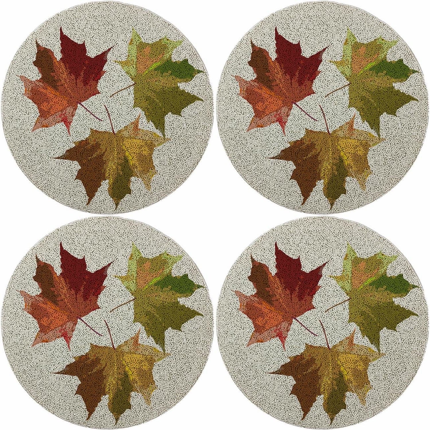 Autumn Leaves White Round Beaded Rough Cut Placemat Set of 4