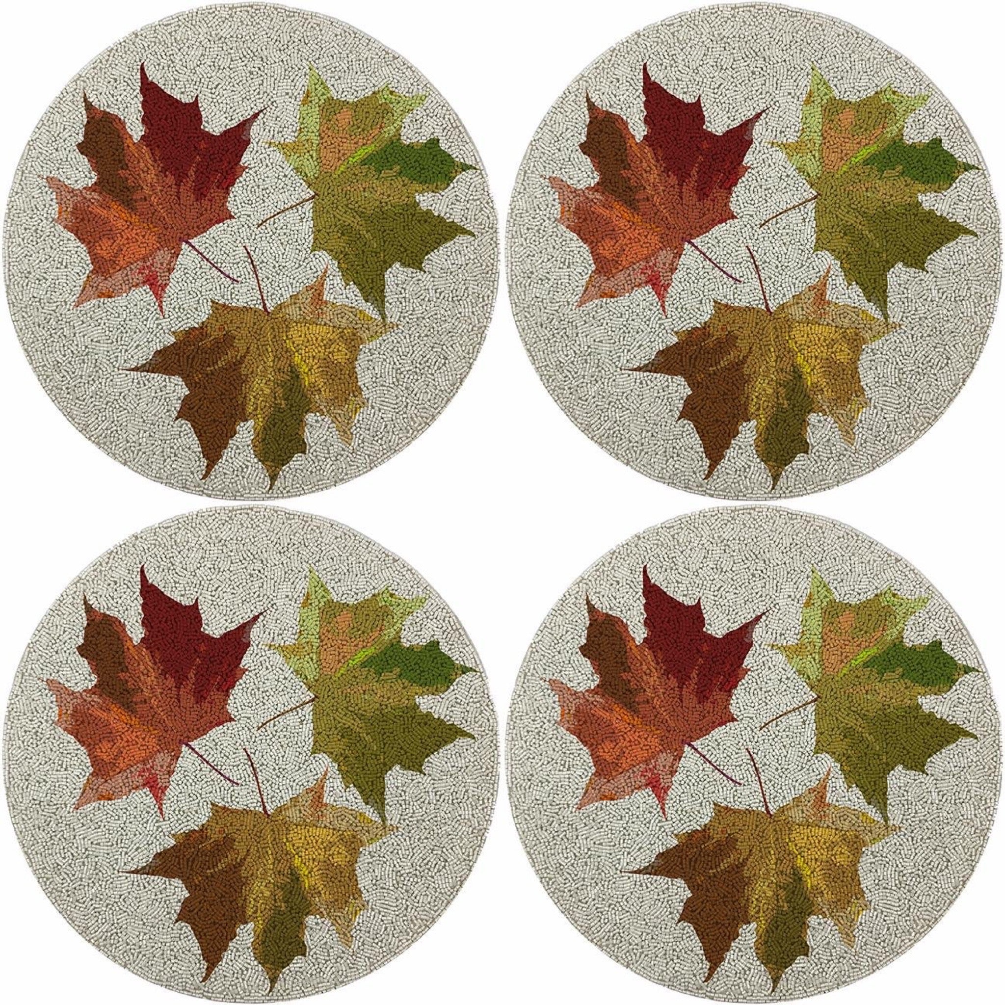 Autumn Leaves White Round Beaded Rough Cut Placemat Set of 4