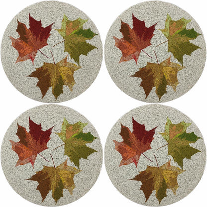 Autumn Leaves White Round Beaded Rough Cut Placemat Set of 4