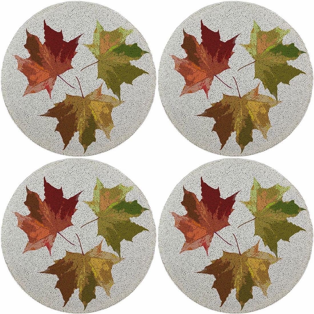 Autumn Leaves White Round Beaded Smooth Cut Placemat Set of 4