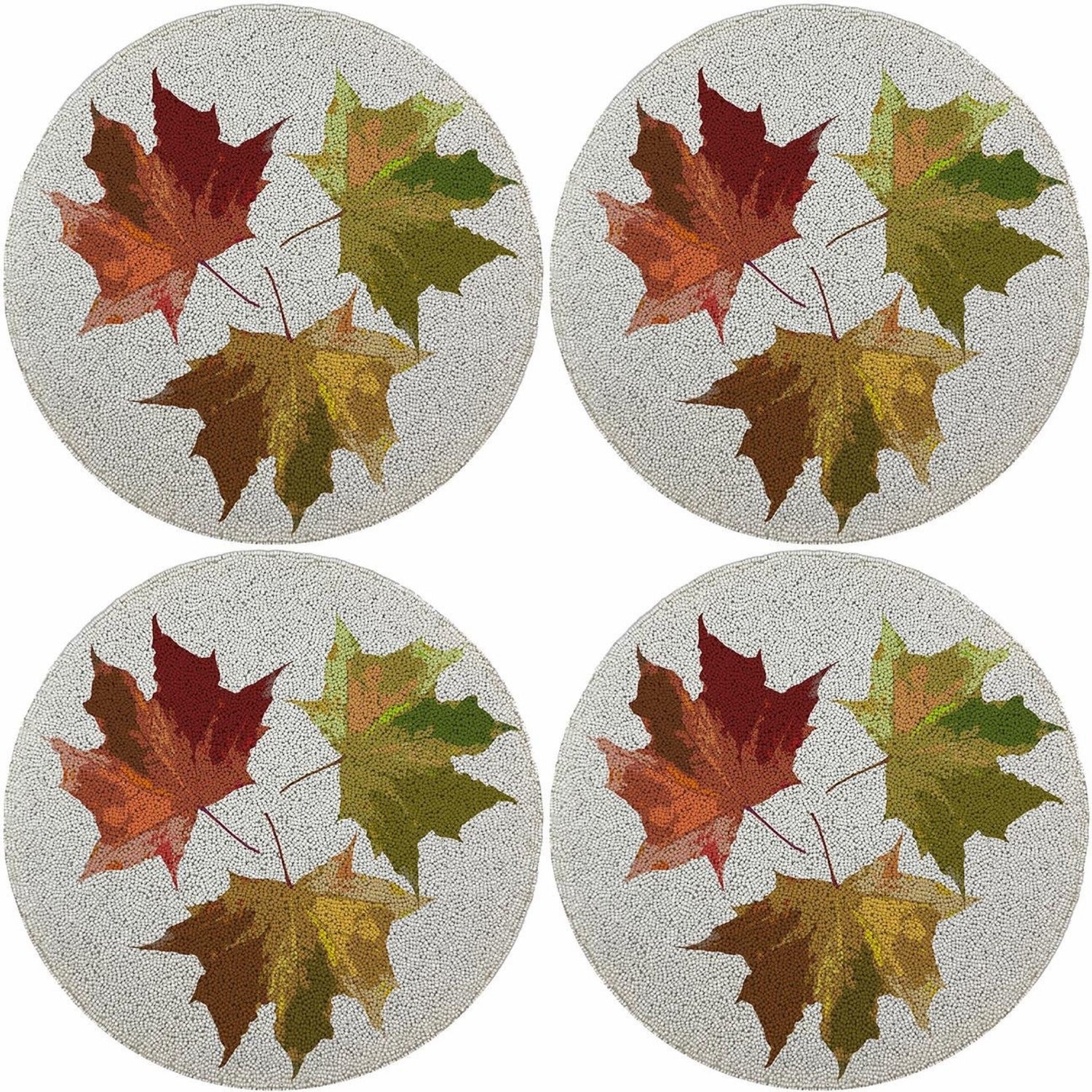 Autumn Leaves White Round Beaded Smooth Cut Placemat Set of 4