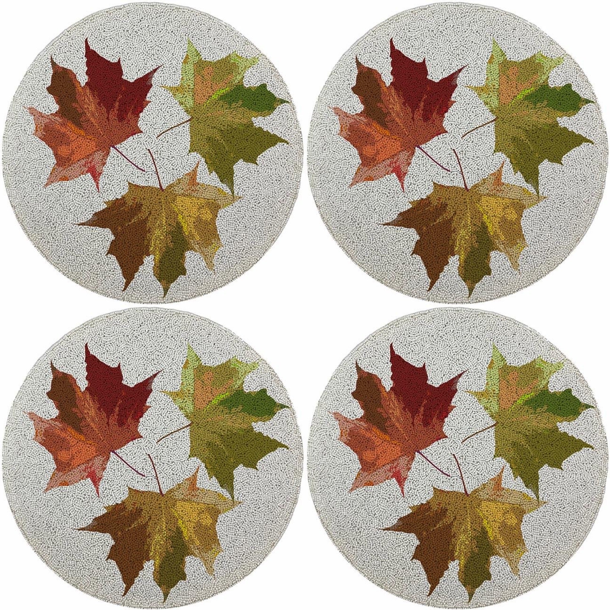 Autumn Leaves White Round Beaded Smooth Cut Placemat Set of 4