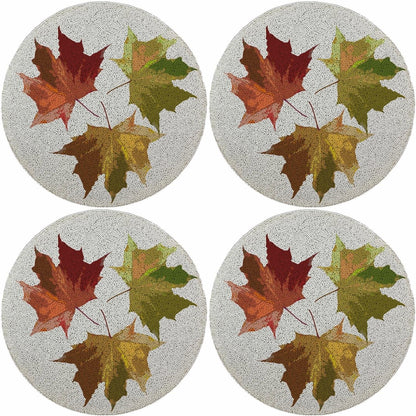 Autumn Leaves White Round Beaded Smooth Cut Placemat Set of 4