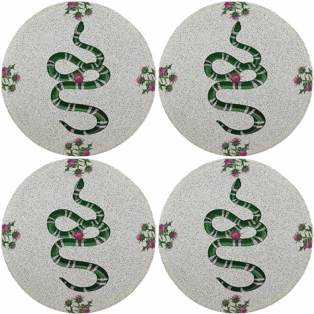 Thistle And Snake Pink White 16 Round Beaded Smooth - Set of 4