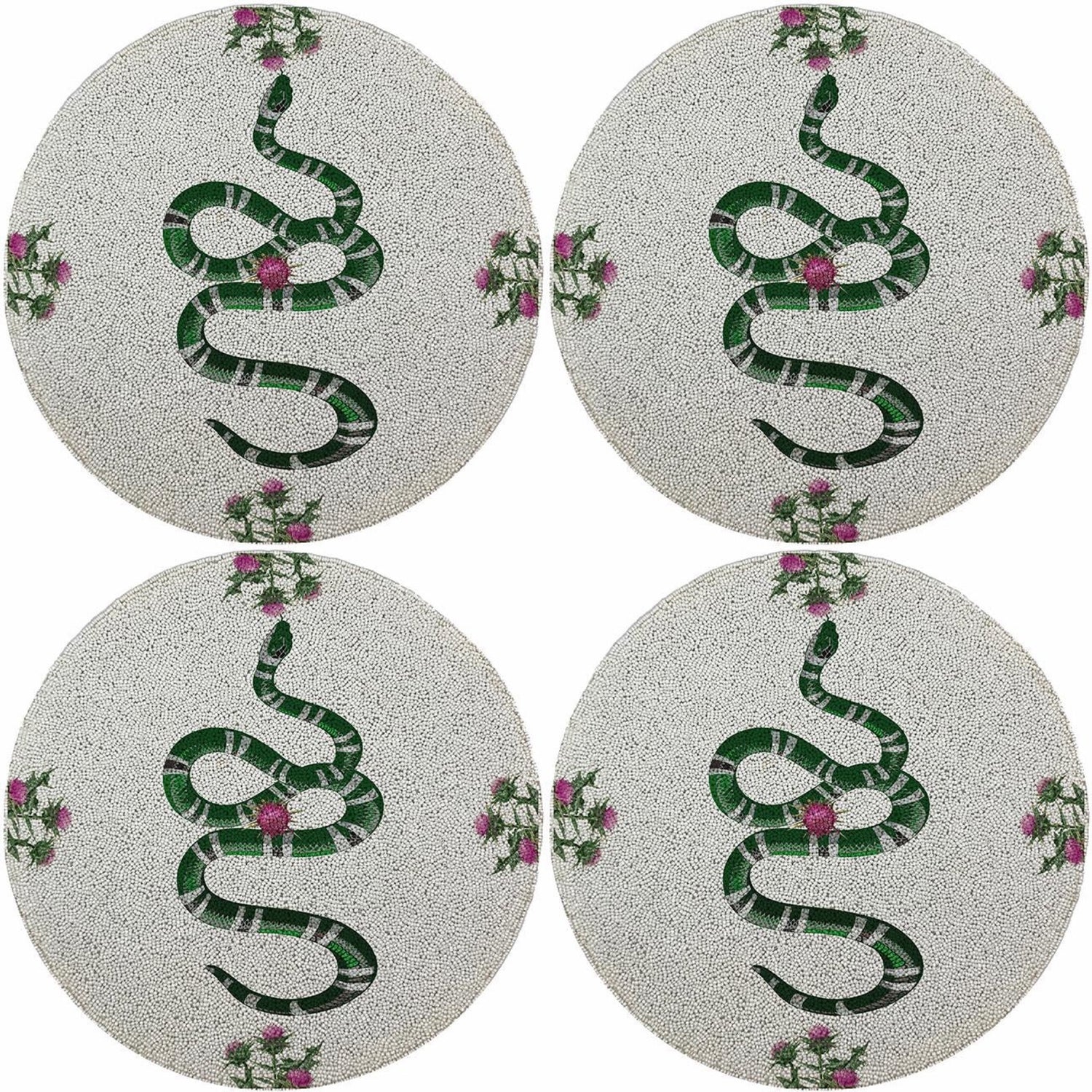 Thistle And Snake Pink White 16 Round Beaded Smooth - Set of 4