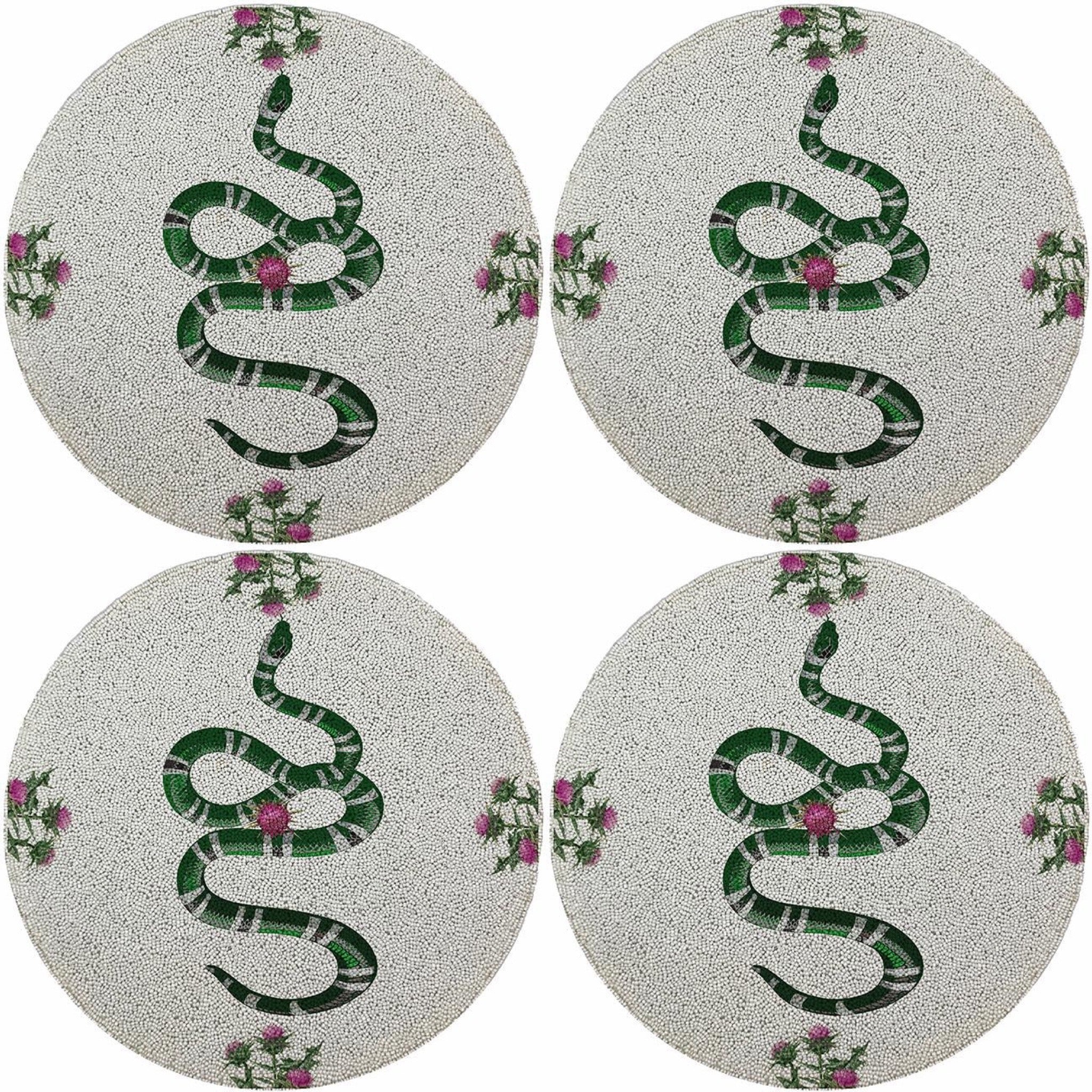 Thistle And Snake Pink White 16 Round Beaded Smooth - Set of 4