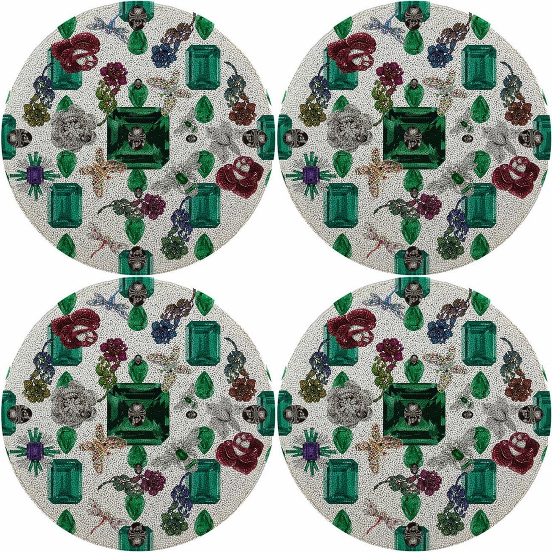 Jewel Box Emeralds White 16 Round Beaded Smooth - Set of 4