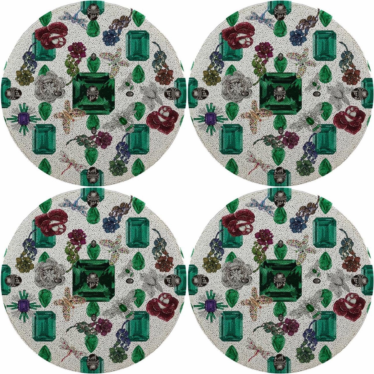 Jewel Box Emeralds White 16 Round Beaded Smooth - Set of 4