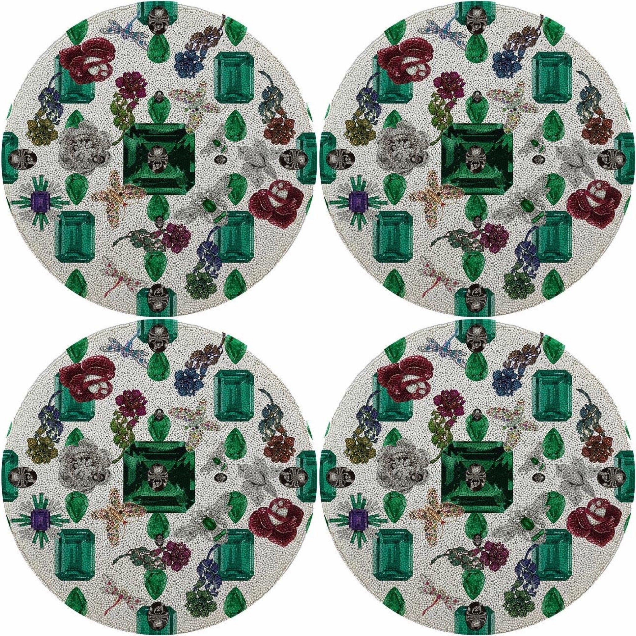 Jewel Box Emeralds White 16 Round Beaded Smooth - Set of 4