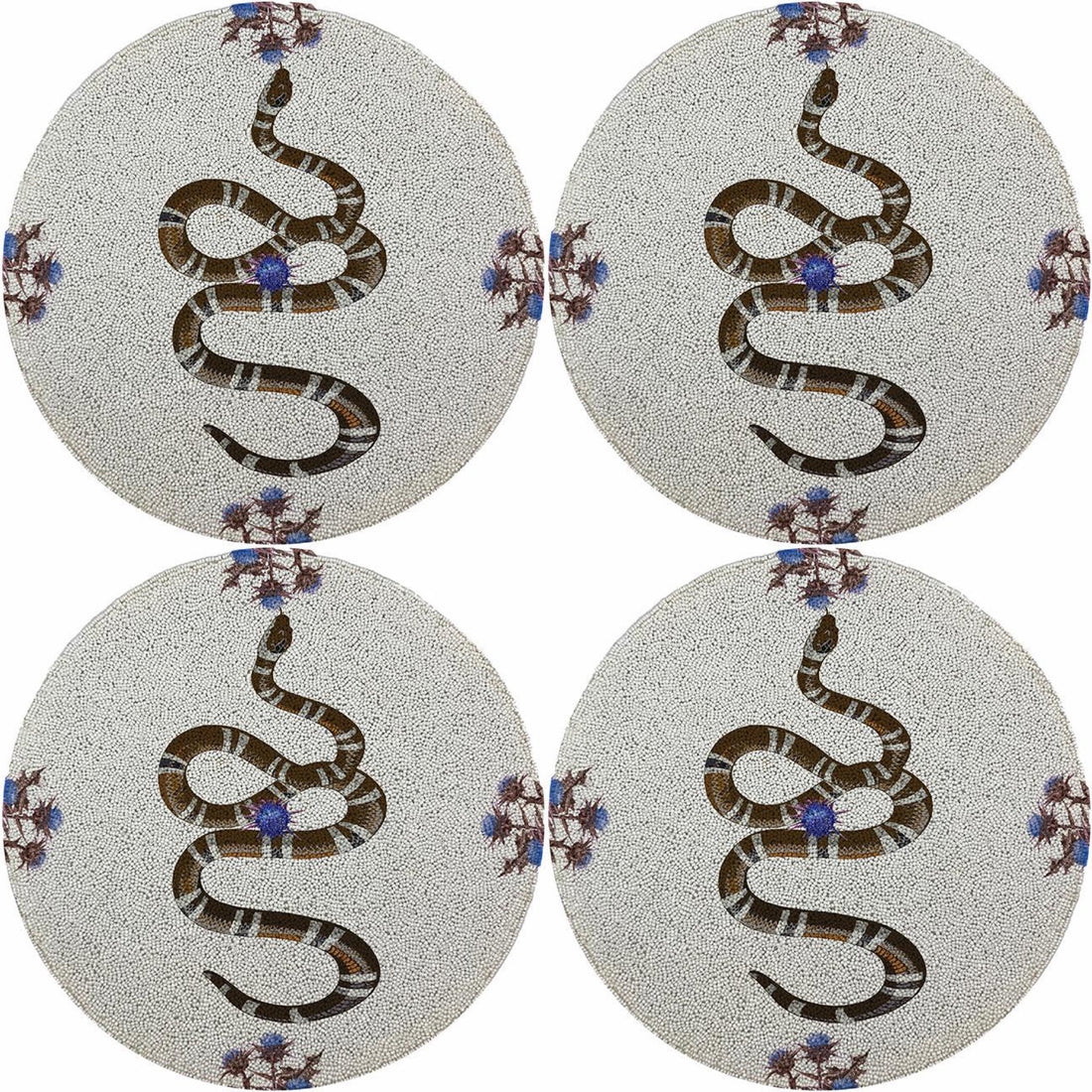 Thistle And Snake Blue White 16 Round Beaded Smooth - Set of 4