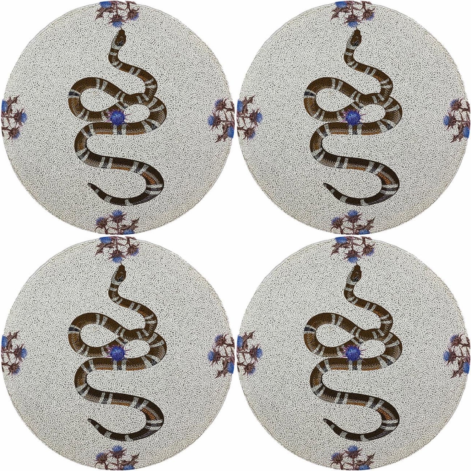 Thistle And Snake Blue White 16 Round Beaded Smooth - Set of 4