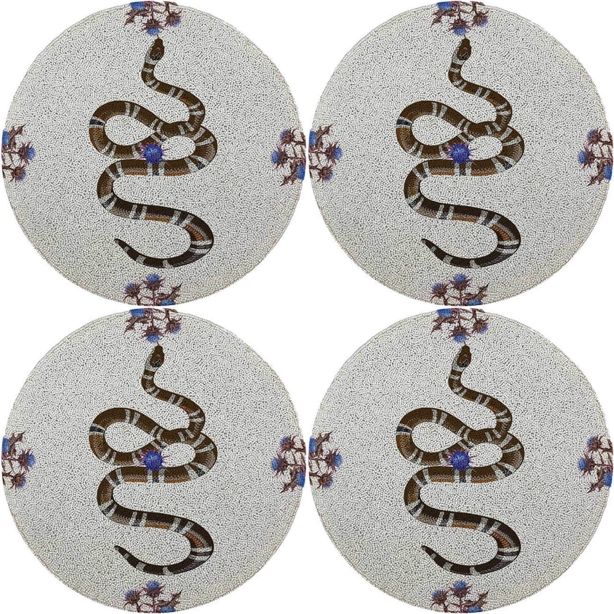 Thistle And Snake Blue White 16 Round Beaded Smooth - Set of 4