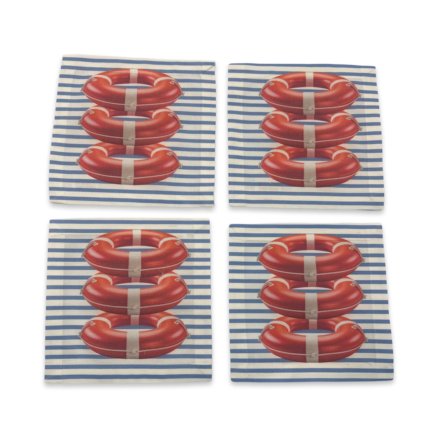 Marine Safety Buoy Ring Blue Stripe 6X6 Cotton Sateen Cocktail, Set of 4