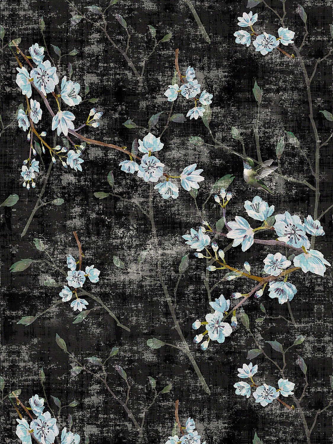 Blossom Fantasia Black Blue Wallpaper, Per Yard - nicolettemayer.com