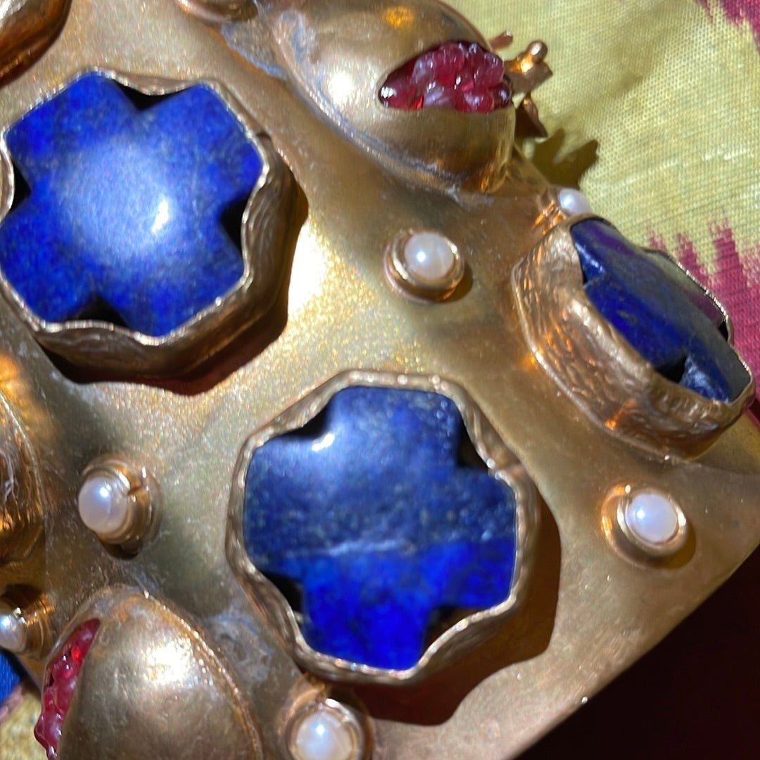 Blue Lapis, Ruby Red and Gold Brass Cuff - nicolettemayer.com