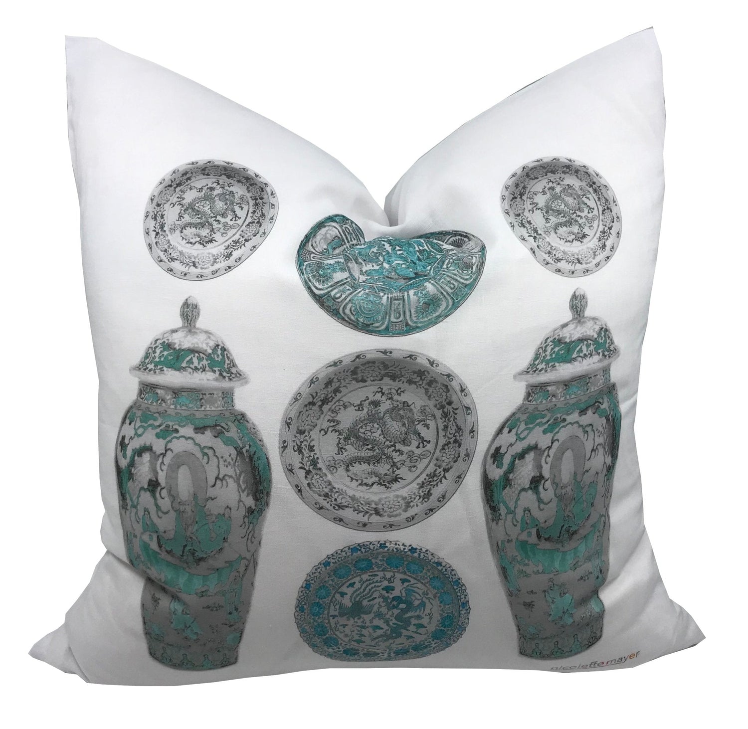 Chinois Ceramic Cerulean 22&quot;x22&quot; Designer Pillow - nicolettemayer.com