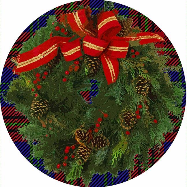 Christmas Wreath Tartan Blue 16&quot; Round Pebble Placemat Set of 4 - nicolettemayer.com