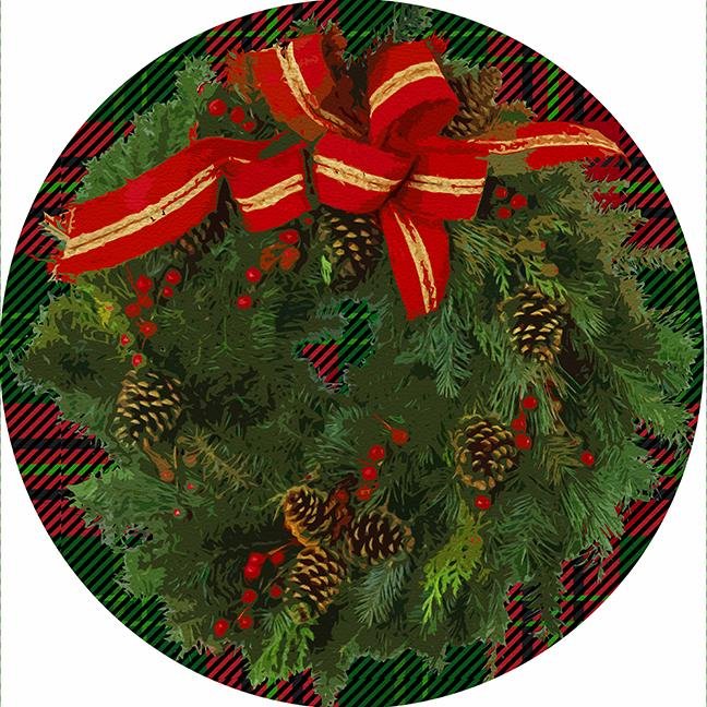 Christmas Wreath Tartan Green 16&quot; Round Pebble Placemat Set of 4 - nicolettemayer.com