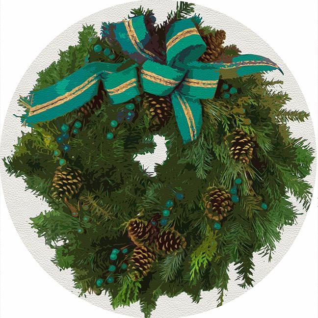 Christmas Wreath White Verdigris 16&quot; Round Pebble Placemat Set of 4 - nicolettemayer.com