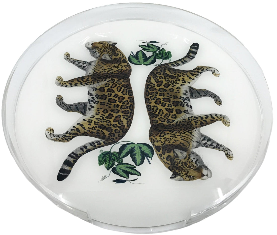 Leopard Seeing Double White Acrylic Round Tray for Placemats or Decorative Use, 16&quot; - nicolettemayer.com