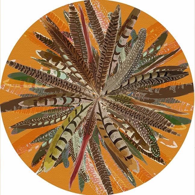 Pheasant Feathers Butternut 16&quot; Round Pebble Placemat Set of 4 - nicolettemayer.com